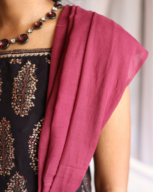 Close-up of the POMEGRANATE pure Bengal cotton saree in a rich red hue, highlighting its soft, handwoven texture and lightweight drape. The image captures the saree paired with a detailed black blouse and gemstone necklace, showcasing the fabric’s refined finish and artisan craftsmanship — a timeless piece for everyday wear or special occasions.