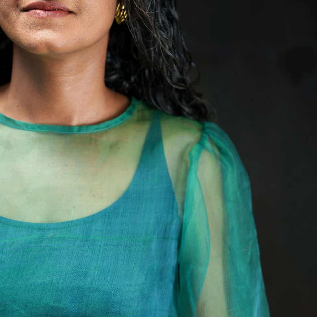 Emerald | Dual Tone Emerald Blue Handwoven Pure Silk Top for Women
