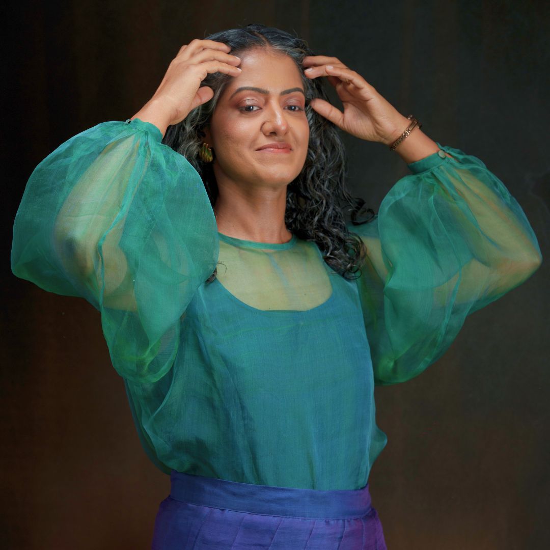 Emerald | Dual Tone Emerald Blue Handwoven Pure Silk Top for Women