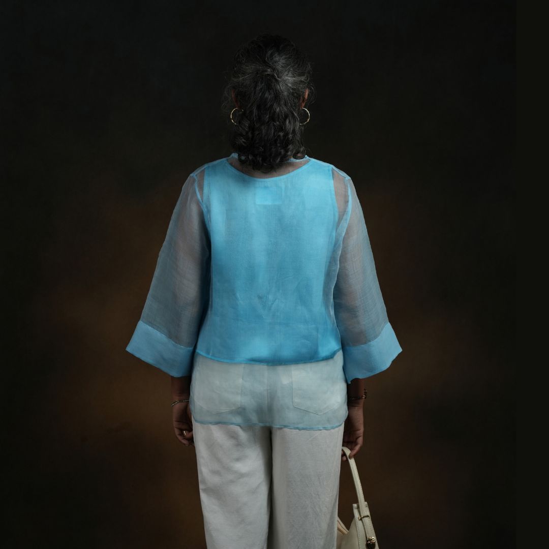 BLOOM TOP Light Blue Handwoven Pure Silk Jamdani for Women
