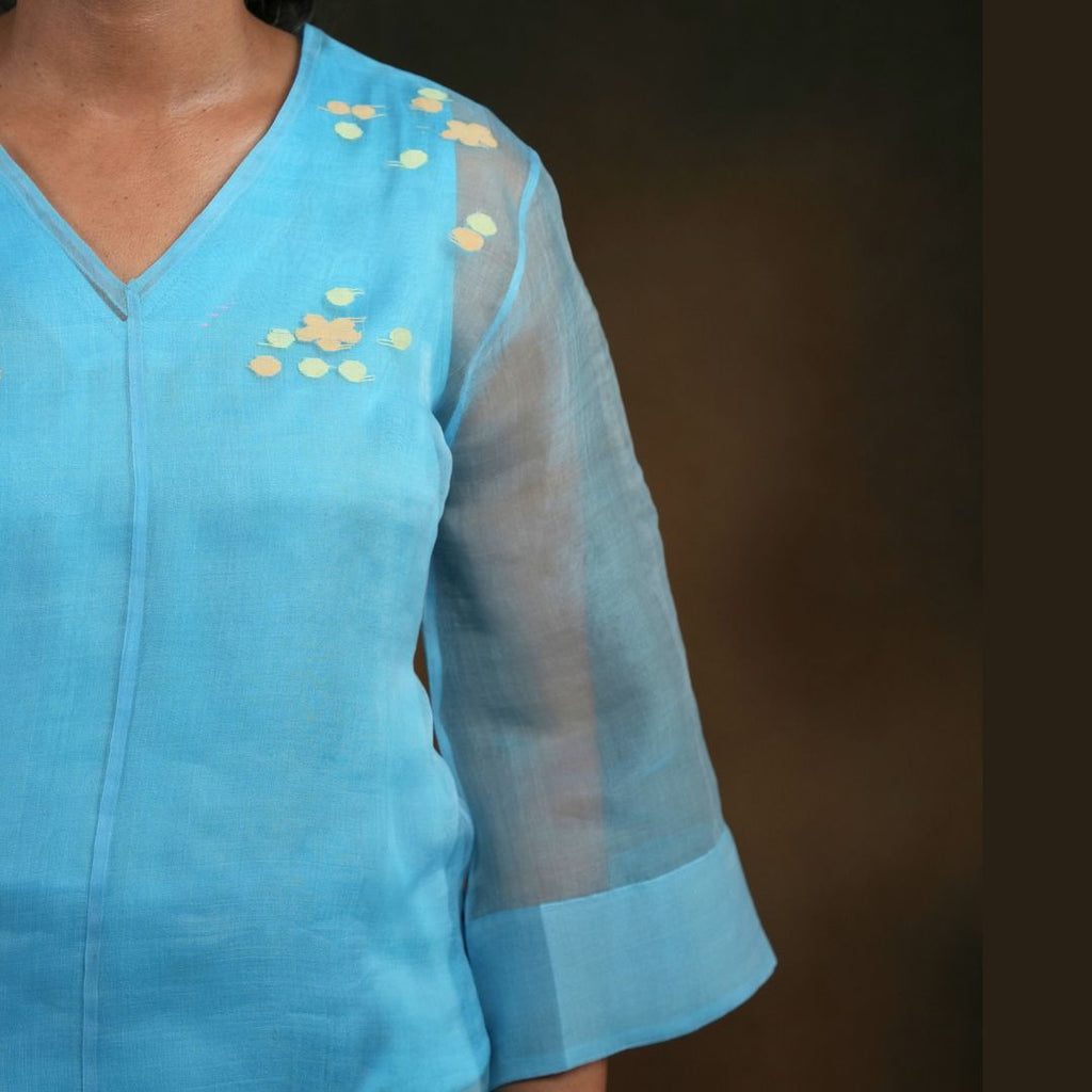 BLOOM TOP Light Blue Handwoven Pure Silk Jamdani for Women