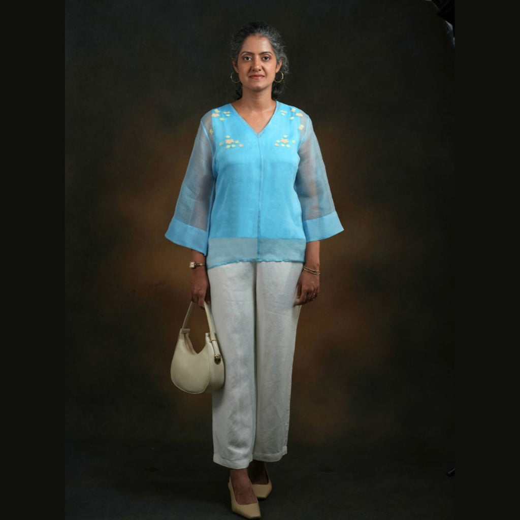 BLOOM TOP Light Blue Handwoven Pure Silk Jamdani for Women