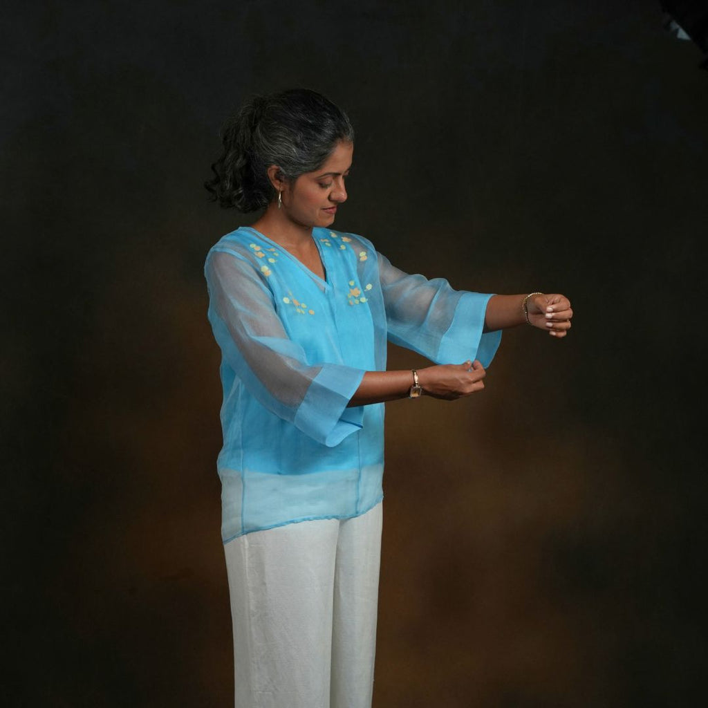 BLOOM TOP Light Blue Handwoven Pure Silk Jamdani for Women