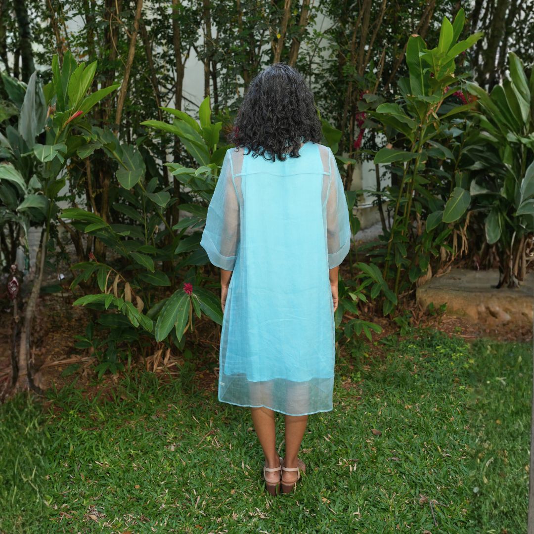 BLOOM Light Blue Handwoven Pure Silk Jamdani Overlay Shirt Dress for Women