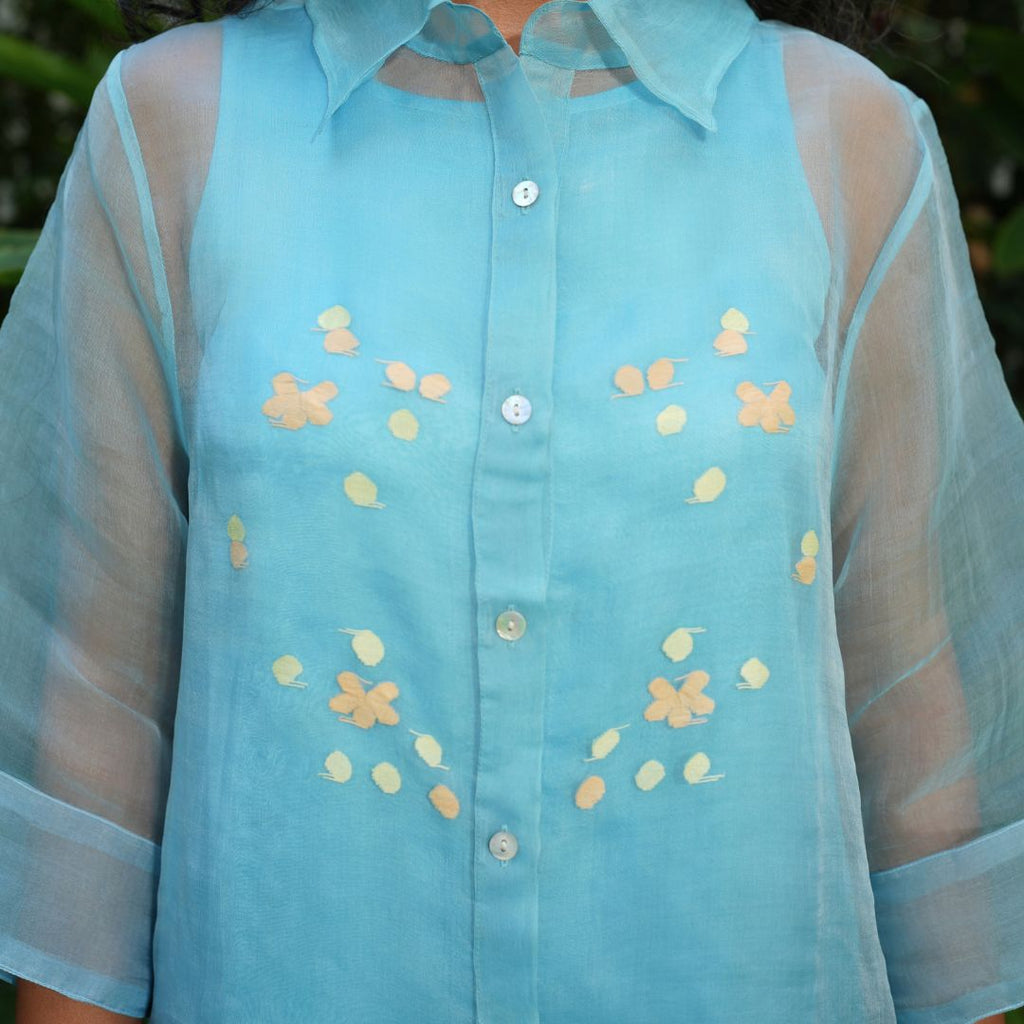 BLOOM Light Blue Handwoven Pure Silk Jamdani Overlay Shirt Dress for Women