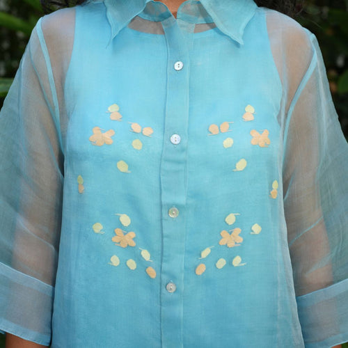 BLOOM Light Blue Handwoven Pure Silk Jamdani Overlay Shirt Dress for Women