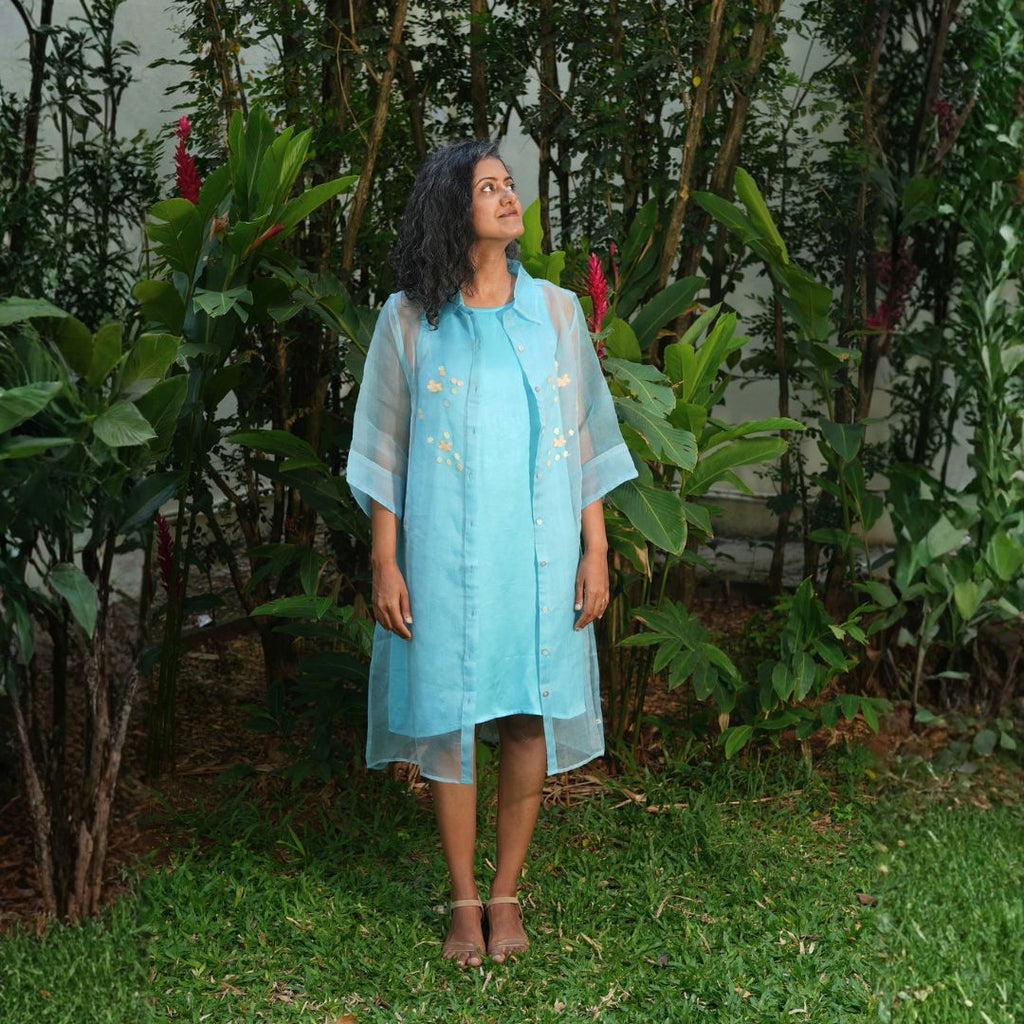 BLOOM Light Blue Handwoven Pure Silk Jamdani Overlay Shirt Dress for Women