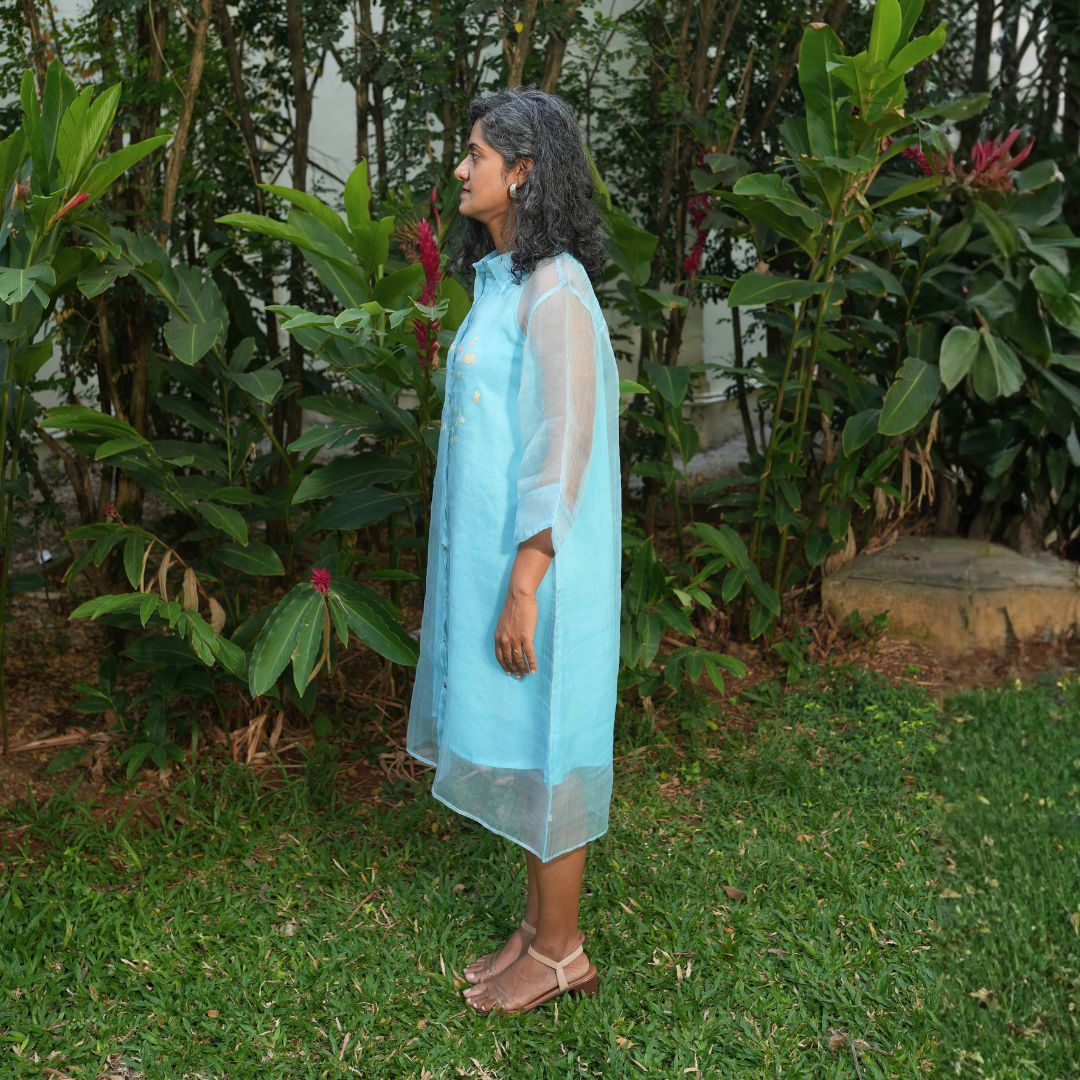 BLOOM Light Blue Handwoven Pure Silk Jamdani Overlay Shirt Dress for Women