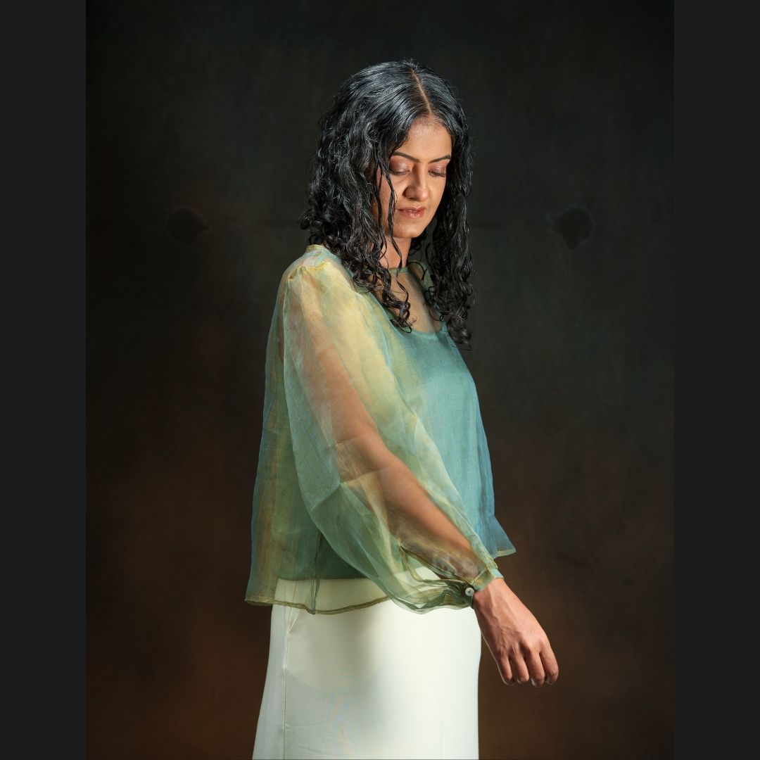 Gold | Dual Tone Gold Blue Handwoven Pure Silk Top for Women