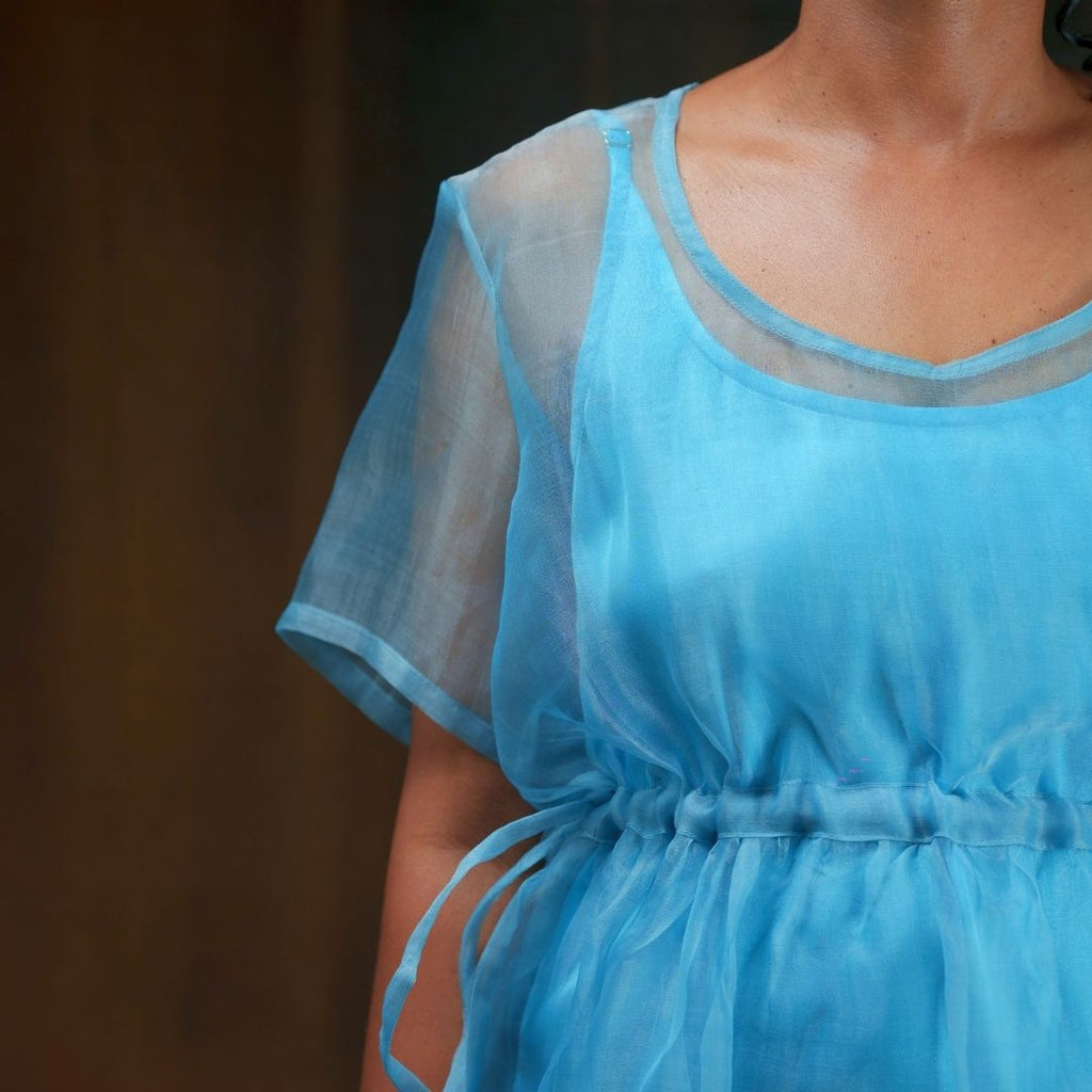 Ice | Dual Tone Light Blue Silver Handwoven Pure Silk Dress for Women