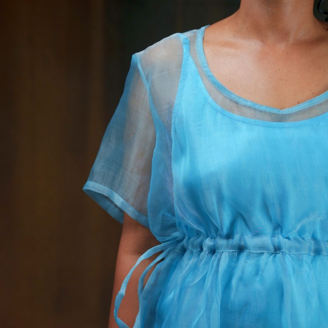 Ice | Dual Tone Light Blue Silver Handwoven Pure Silk Dress for Women