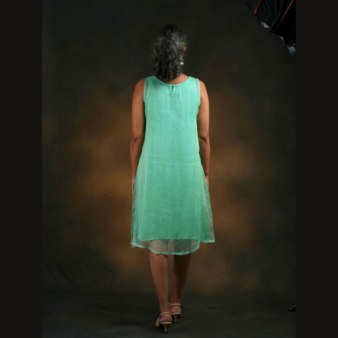 LUSH A LINE DRESS Green Handwoven Pure Silk Jamdani A Line for Women