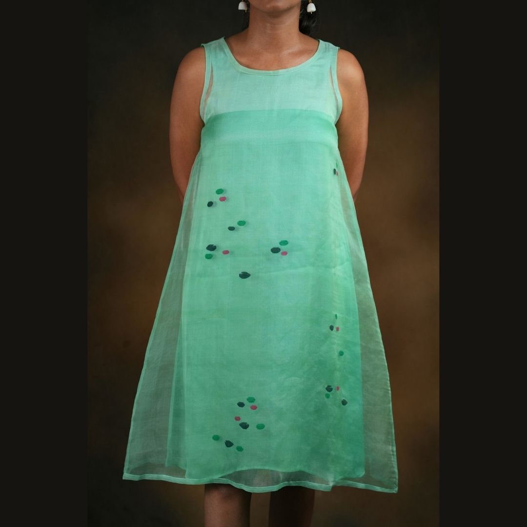 LUSH A LINE DRESS Green Handwoven Pure Silk Jamdani A Line for Women