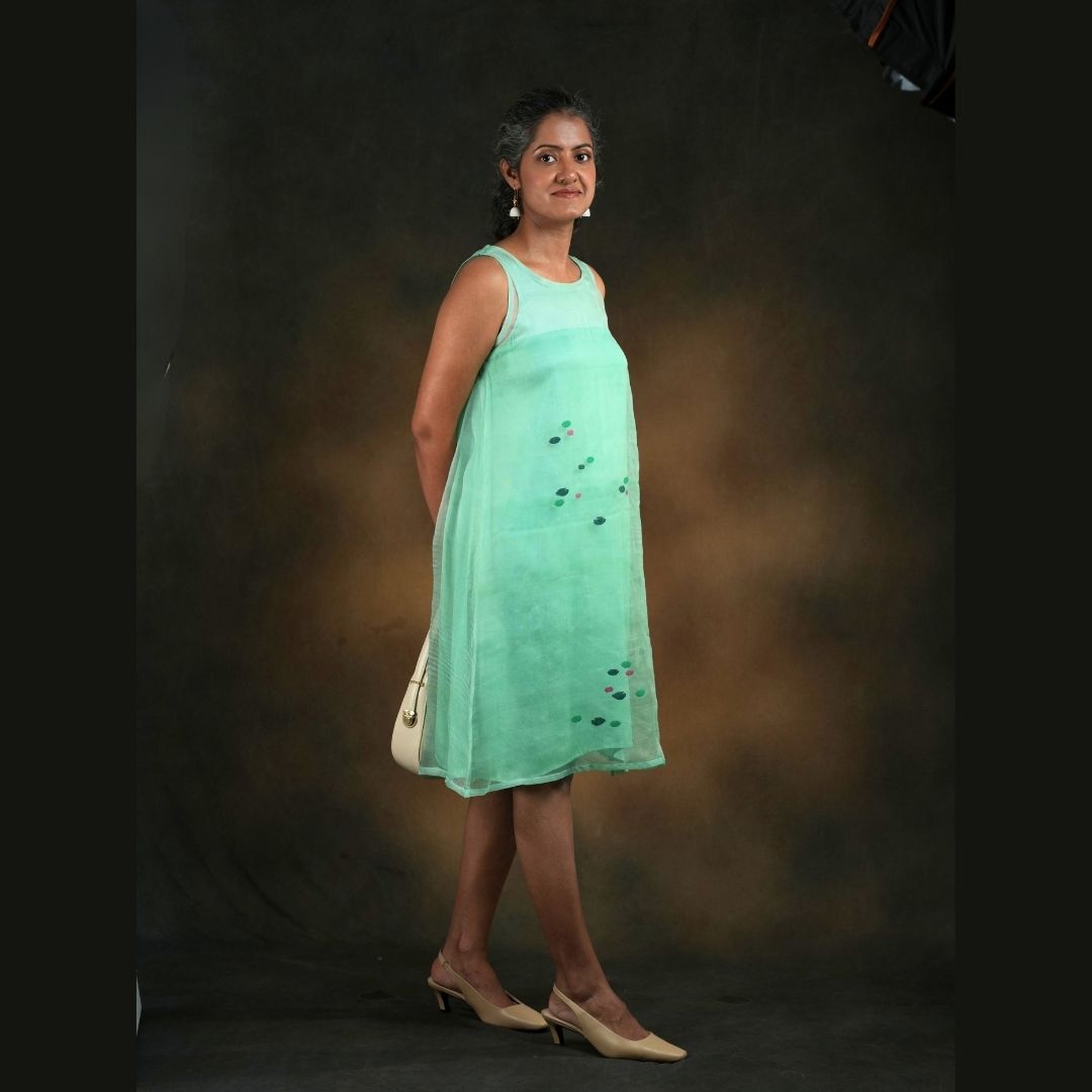 LUSH A LINE DRESS Green Handwoven Pure Silk Jamdani A Line for Women