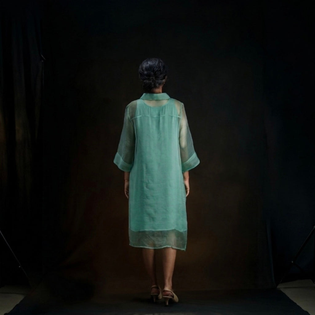 LUSH Green Handwoven Pure Silk Jamdani Shirt Dress for Women