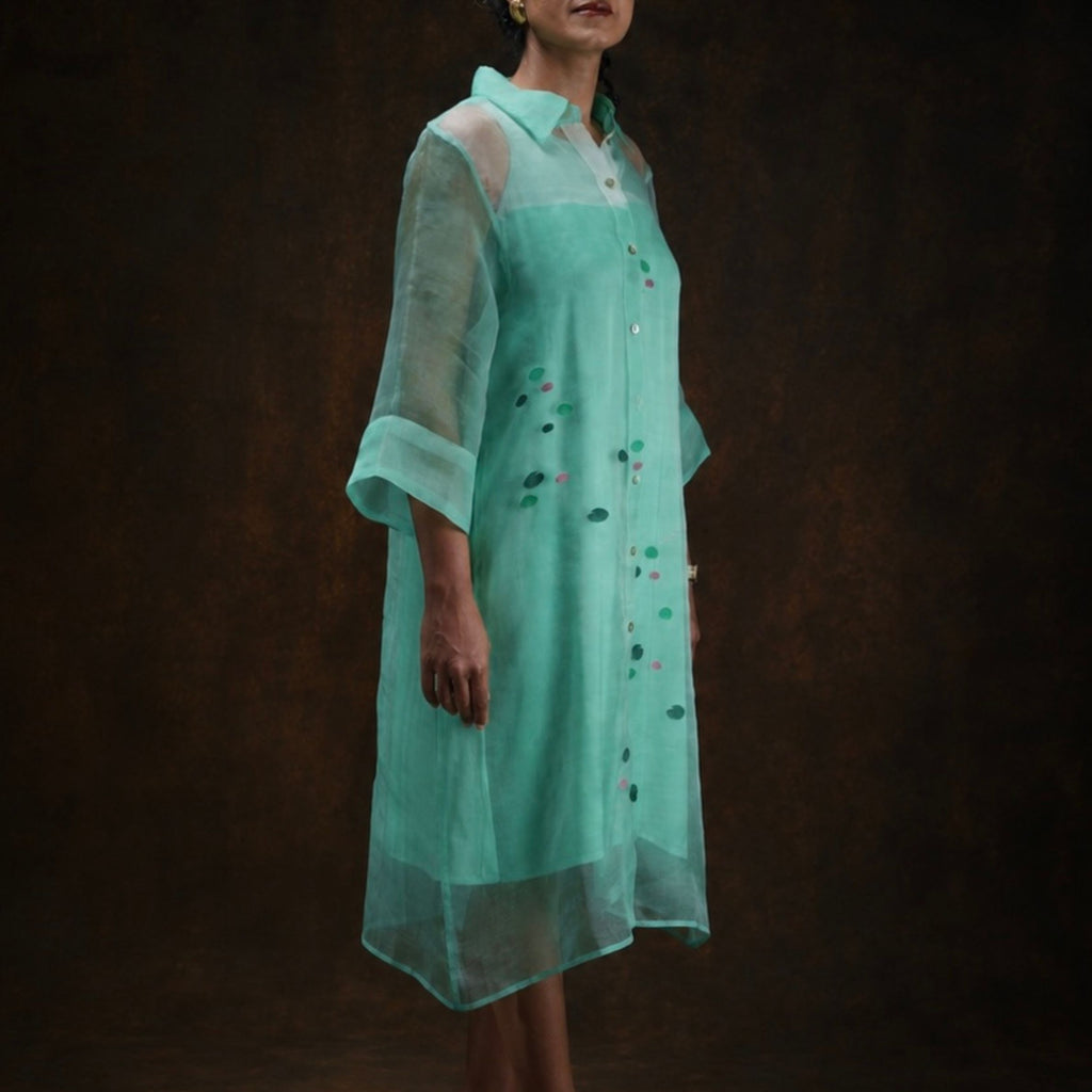 LUSH Green Handwoven Pure Silk Jamdani Shirt Dress for Women