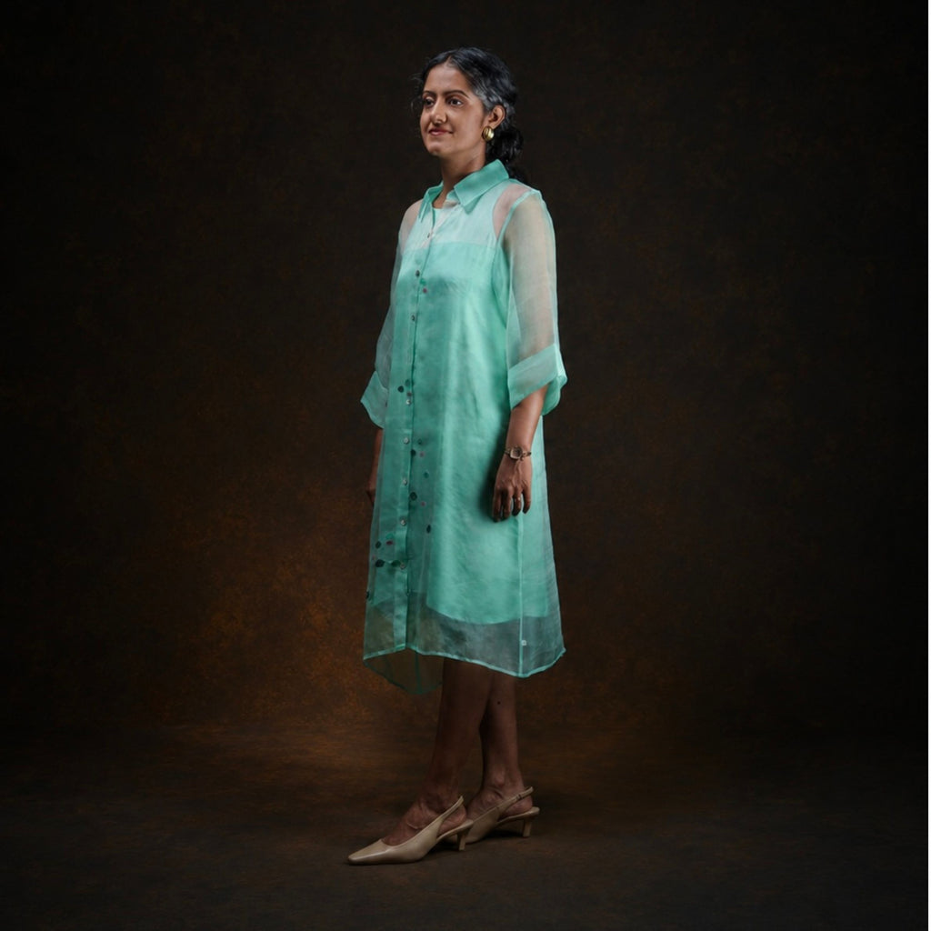 LUSH Green Handwoven Pure Silk Jamdani Shirt Dress for Women