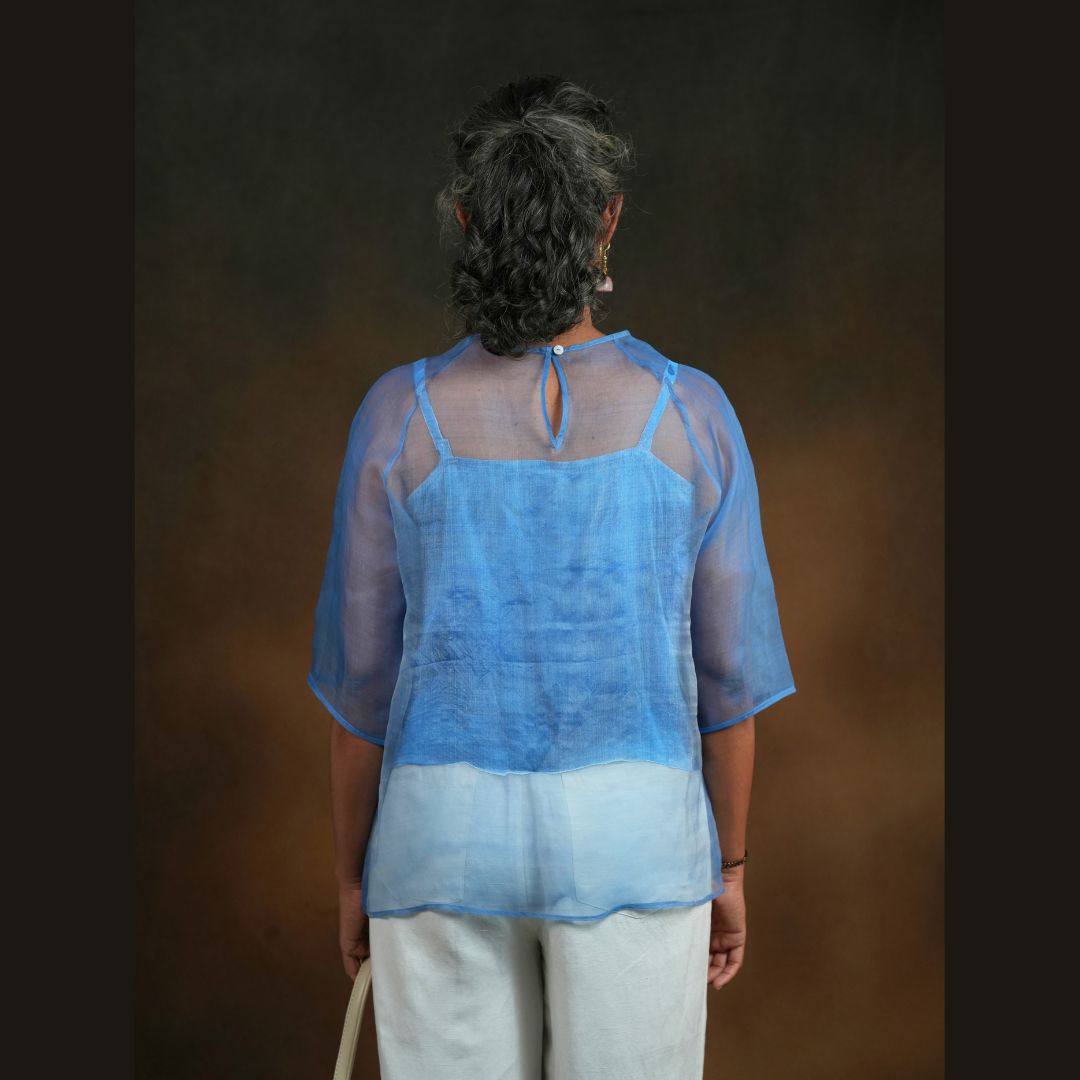 NOCTURNE RAGLAN Ink Blue Handwoven Pure Silk Jamdani Top for Women