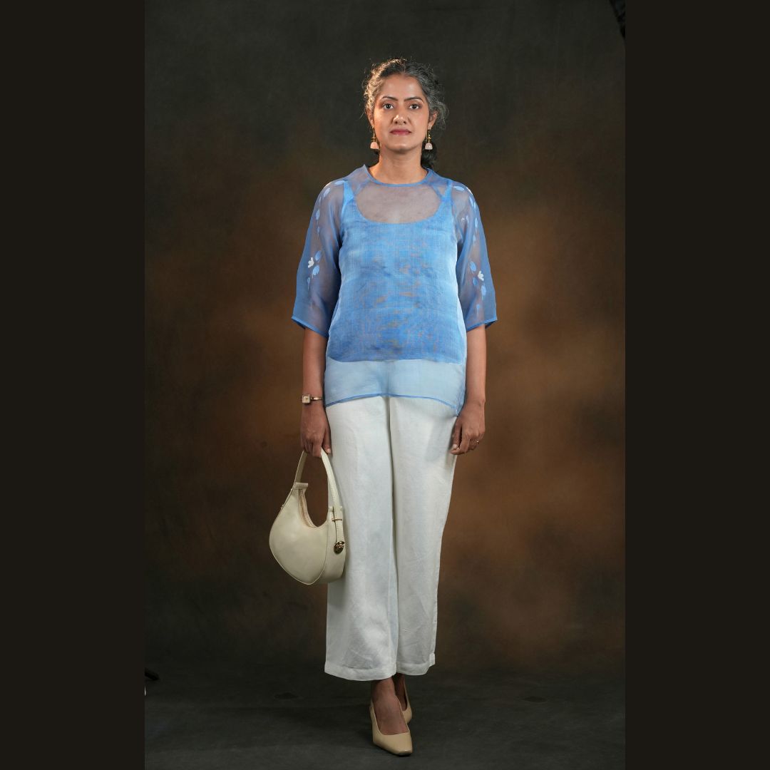 NOCTURNE RAGLAN Ink Blue Handwoven Pure Silk Jamdani Top for Women