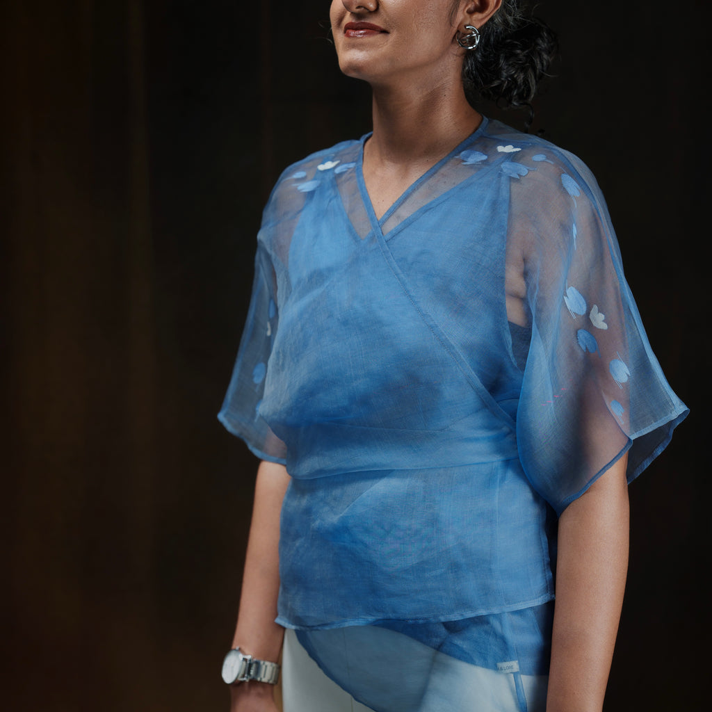 NOCTURNE Ink Blue Handwoven Pure Silk Jamdani Wrap Top for Women