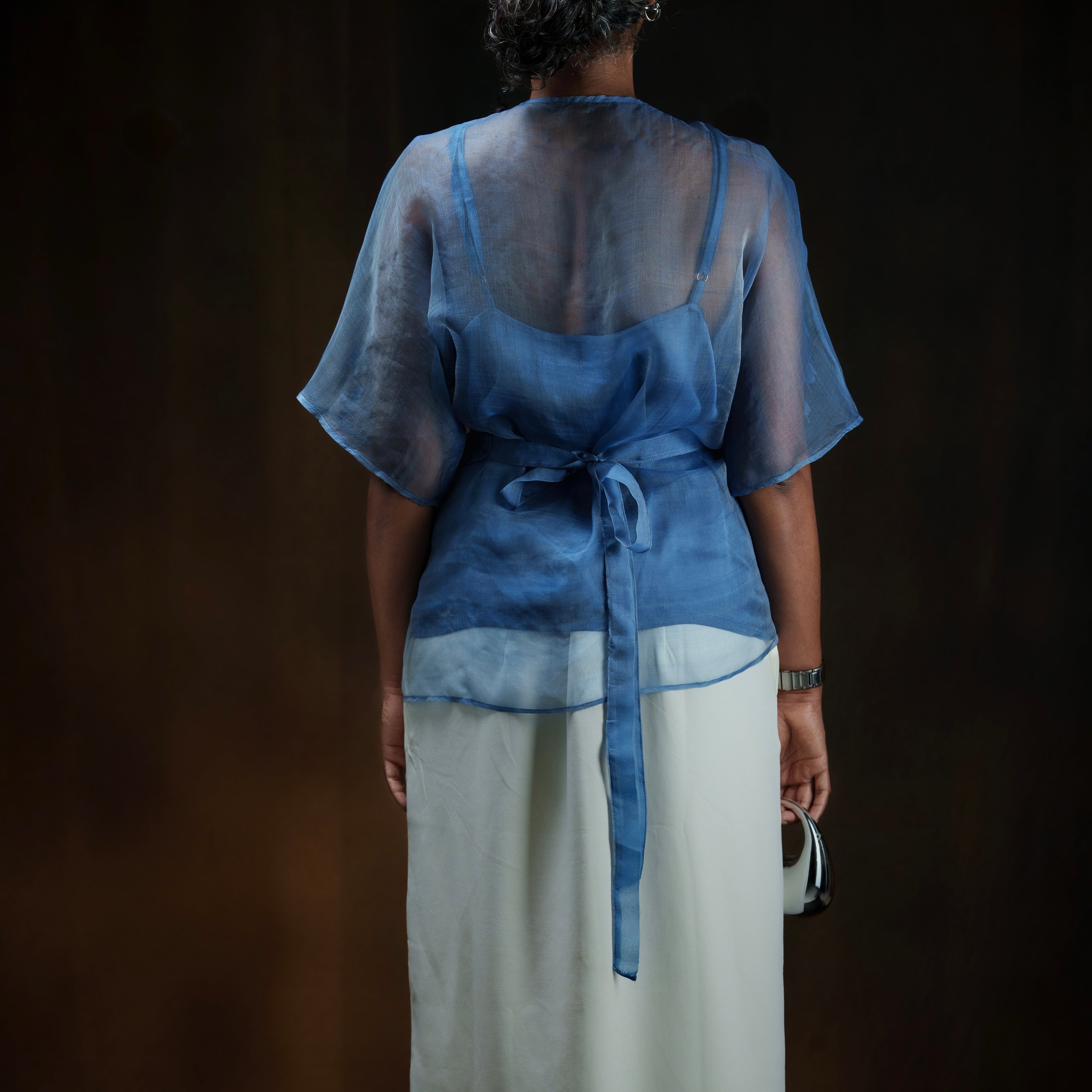 NOCTURNE Ink Blue Handwoven Pure Silk Jamdani Wrap Top for Women