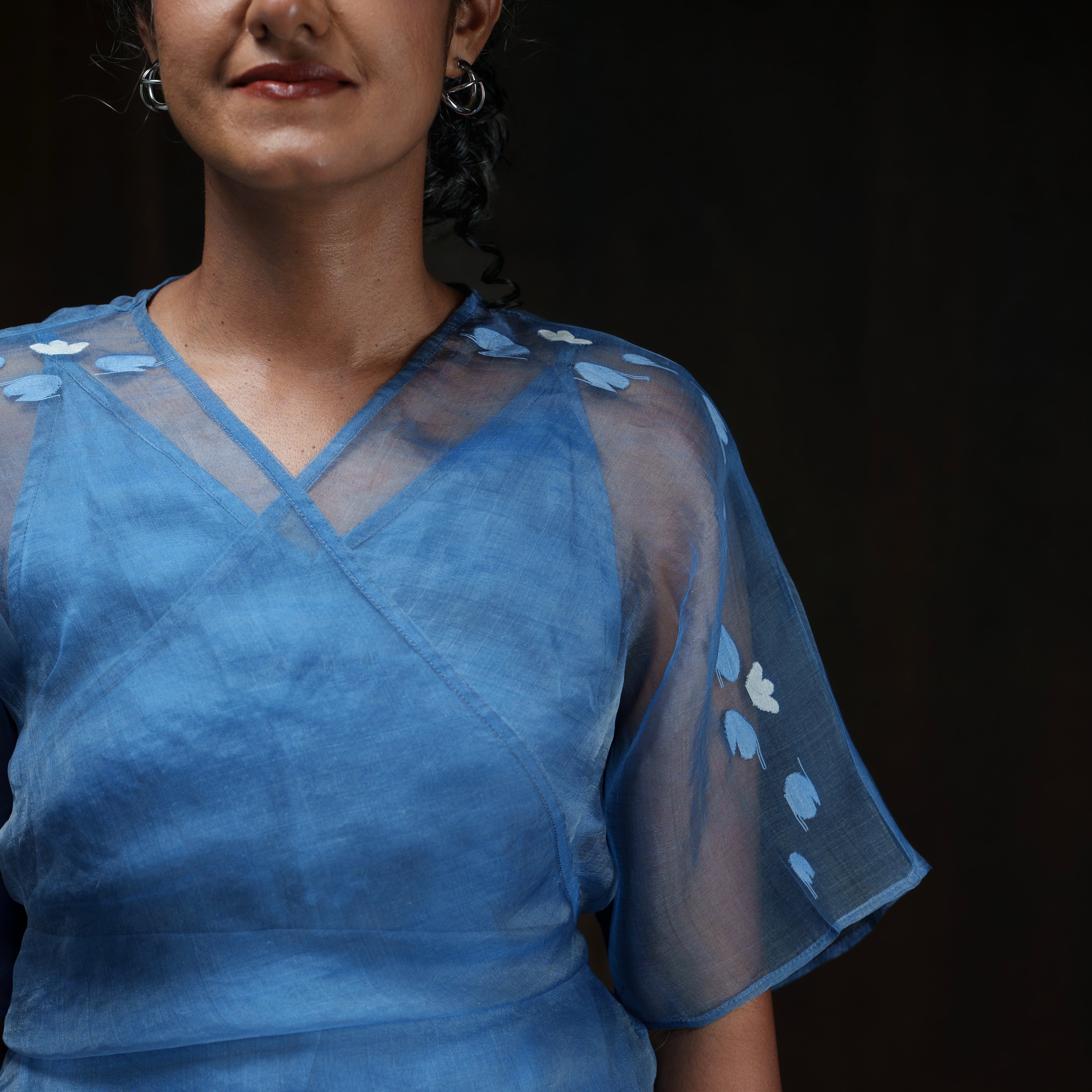 NOCTURNE Ink Blue Handwoven Pure Silk Jamdani Wrap Top for Women