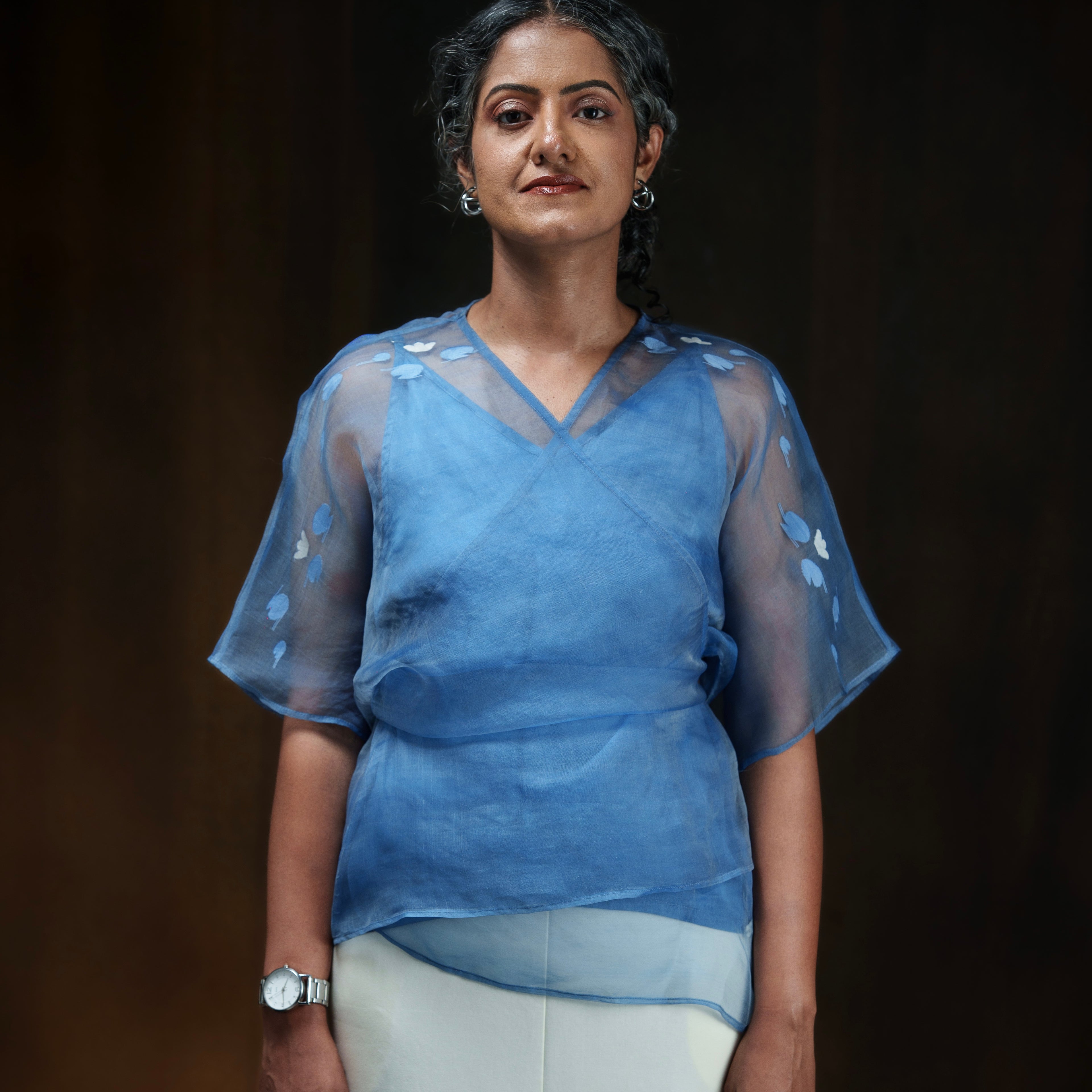 NOCTURNE Ink Blue Handwoven Pure Silk Jamdani Wrap Top for Women