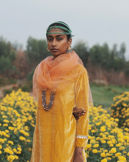 Sunburst Pink luxury silk scarf for women – handcrafted, colour-shifting statement accessory styled with ethnic wear, ideal for gifting and special occasions