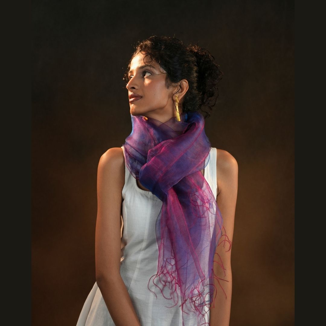 PLUME BLUE | Handwoven Pure Silk Scarf in Blue & Pink