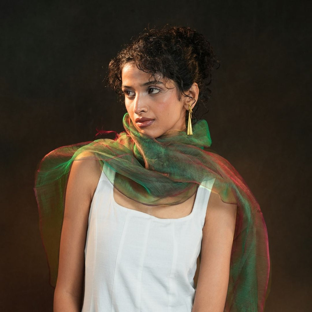 PLUME GREEN | Handwoven Pure Silk Scarf in Green & Pink