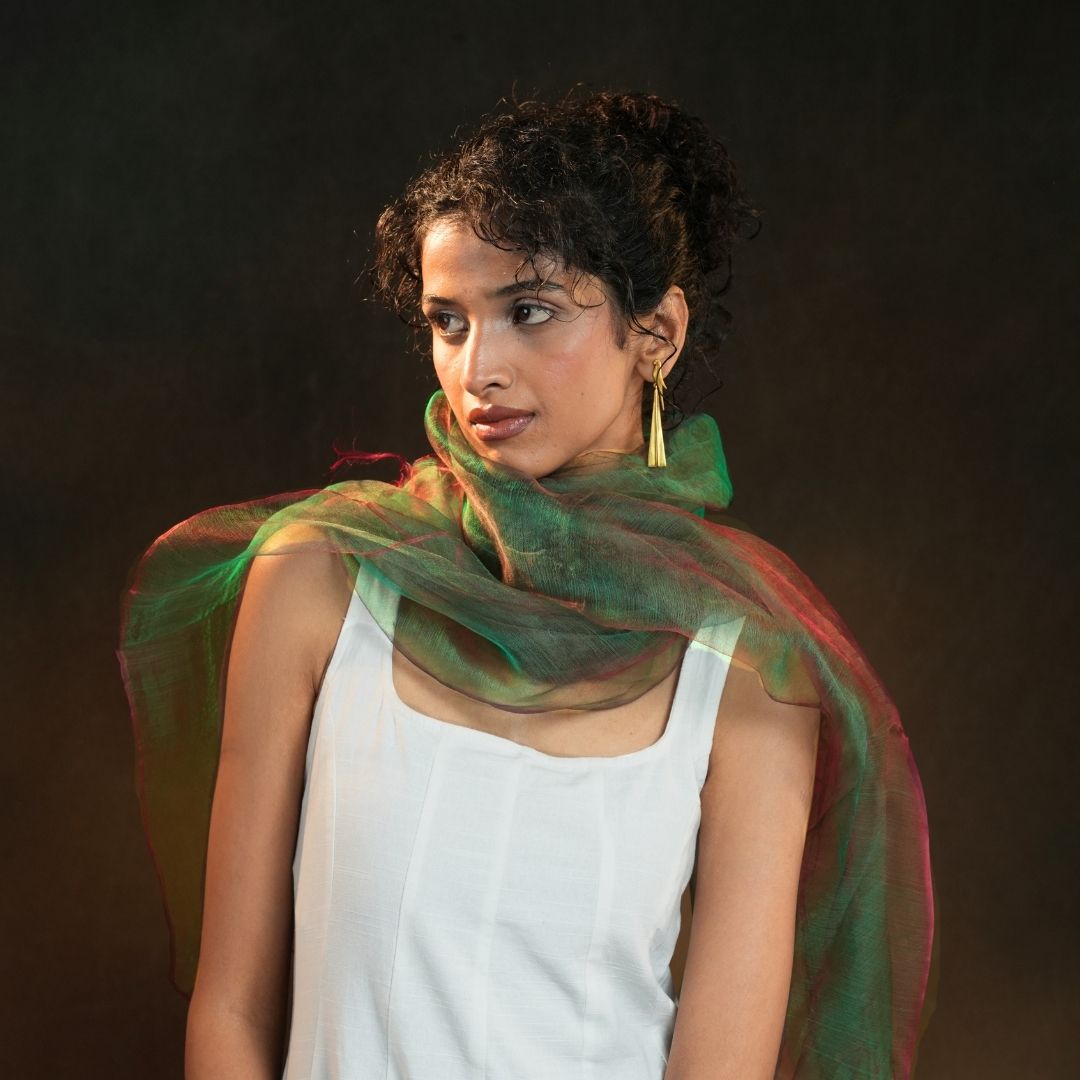PLUME GREEN | Handwoven Pure Silk Scarf in Green & Pink