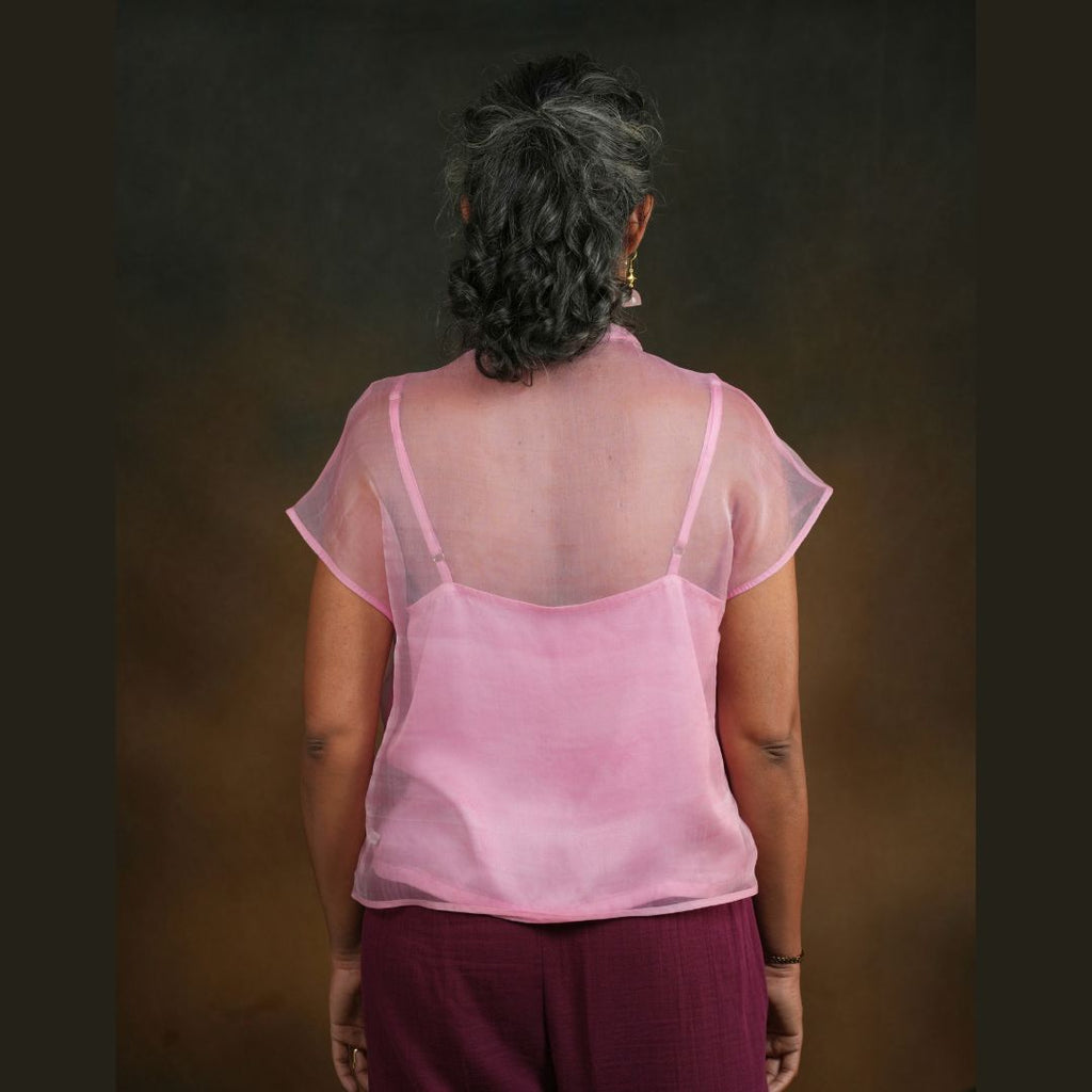 DAYDREAM MANDARIN Collar Light Pink Handwoven Pure Silk Jamdani Top for Women