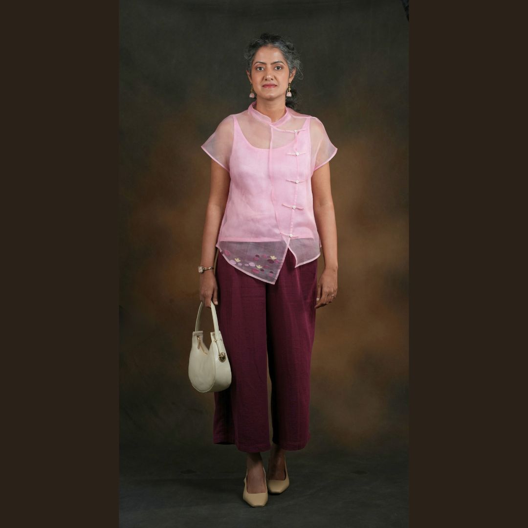 DAYDREAM MANDARIN Collar Light Pink Handwoven Pure Silk Jamdani Top for Women