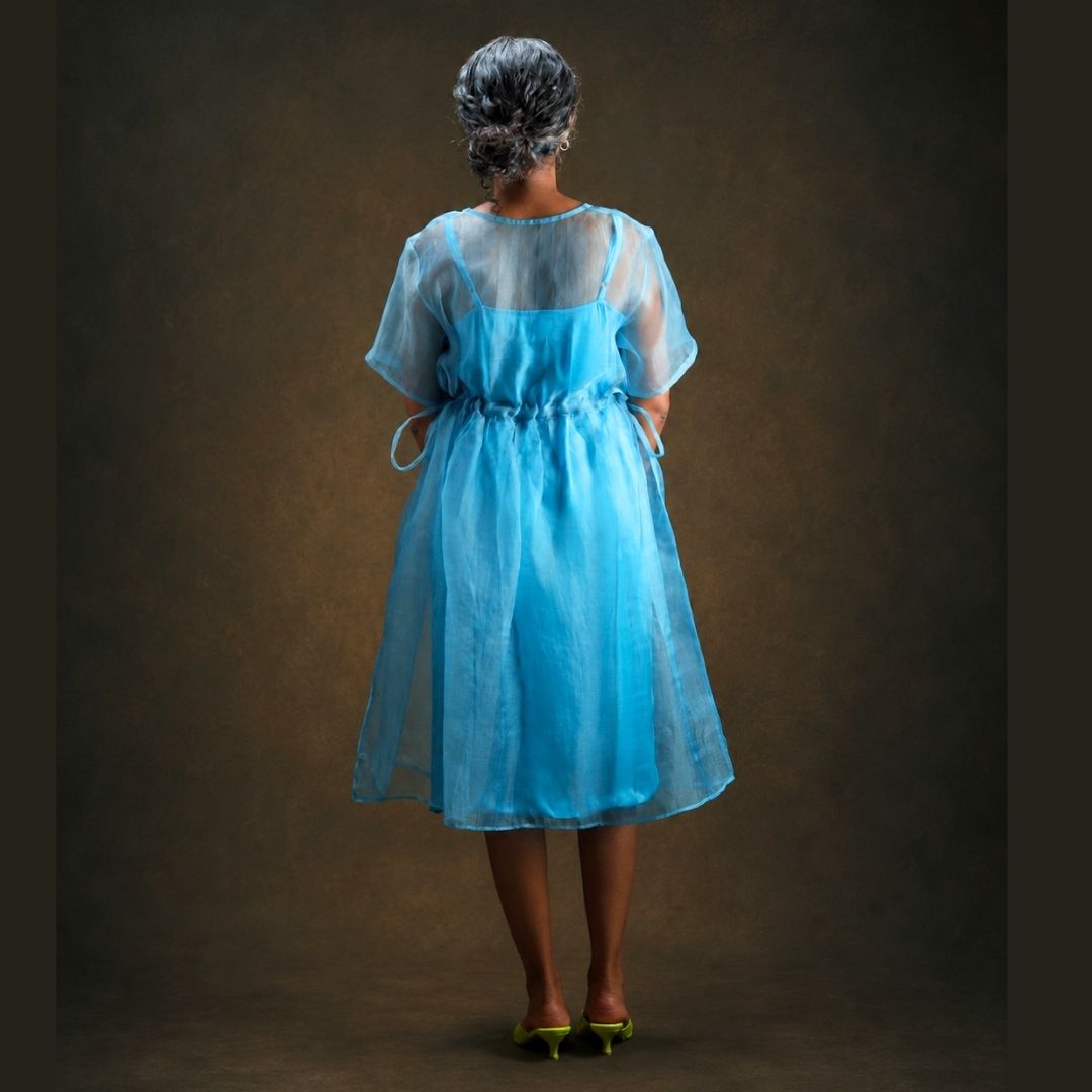 A woman viewed from behind wearing a light blue sheer silk dress with short sleeves and a gathered waist, standing against a dark brown studio backdrop.