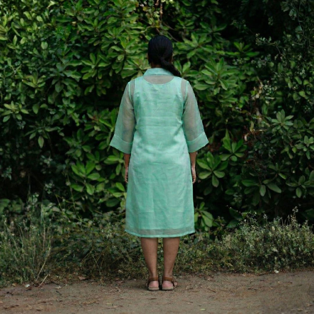LUSH Green Handwoven Pure Silk Jamdani Overlay Shirt Dress for Women
