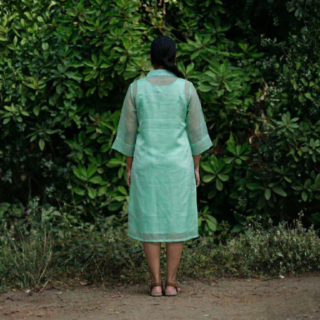 LUSH Green Handwoven Pure Silk Jamdani Overlay Shirt Dress for Women