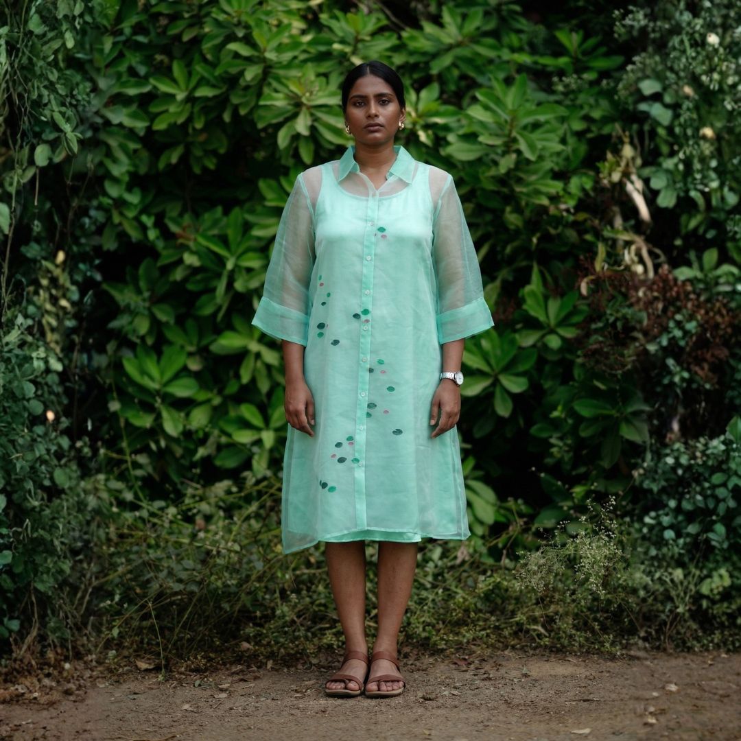 LUSH Green Handwoven Pure Silk Jamdani Overlay Shirt Dress for Women