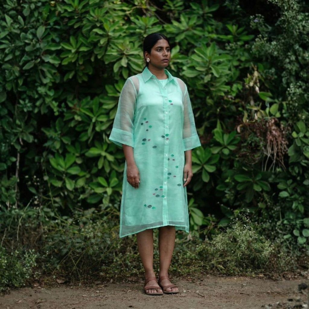 LUSH Green Handwoven Pure Silk Jamdani Overlay Shirt Dress for Women