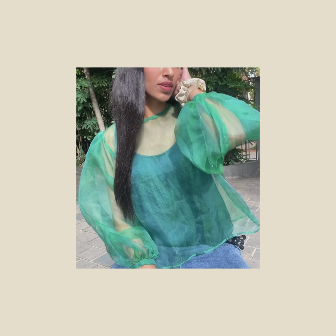 Emerald | Dual Tone Emerald Blue Handwoven Pure Silk Top for Women
