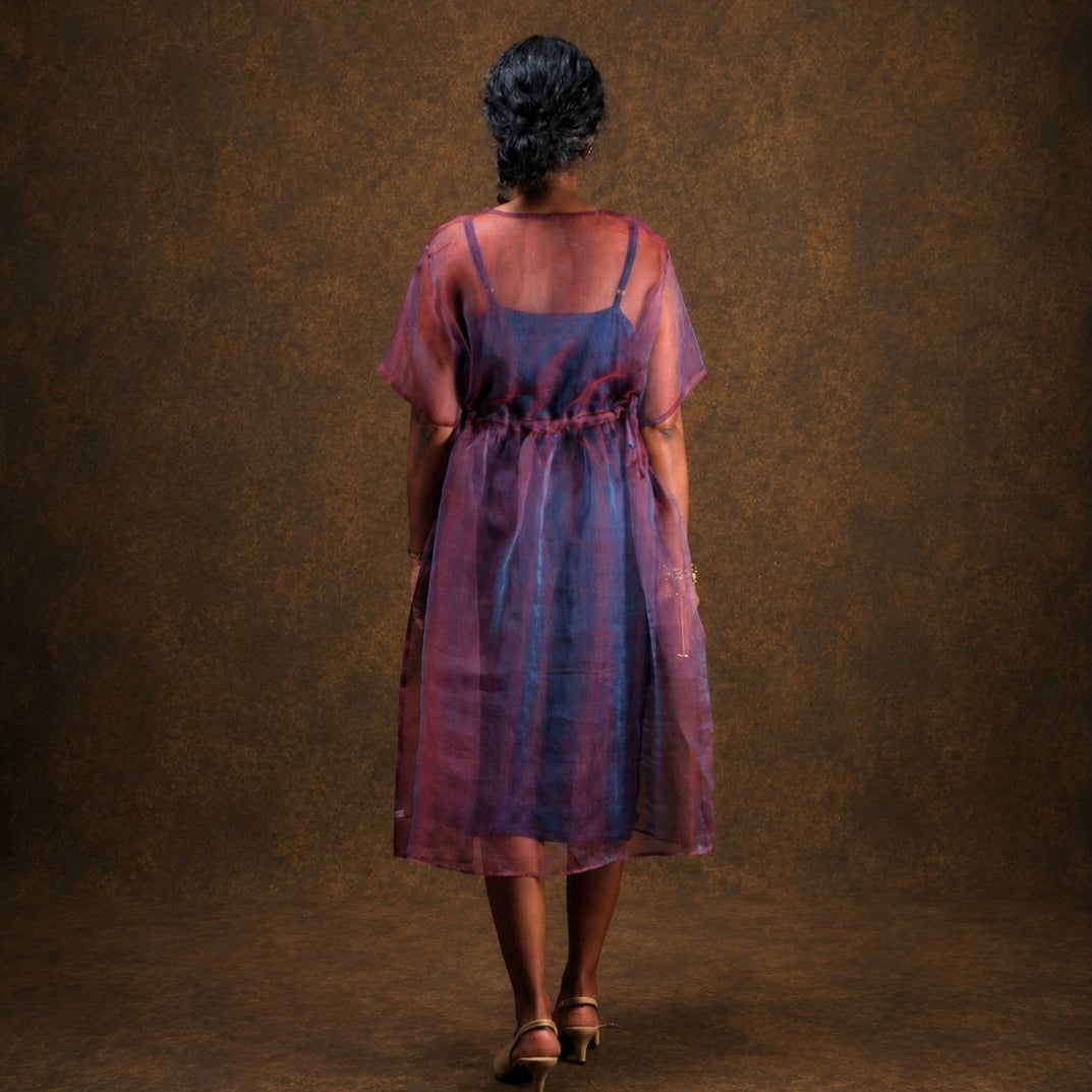 A woman viewed from behind wearing a sheer, short-sleeved silk midi dress with a red and blue dual tone over a darker blue slip dress, set against a textured brown studio backdrop.