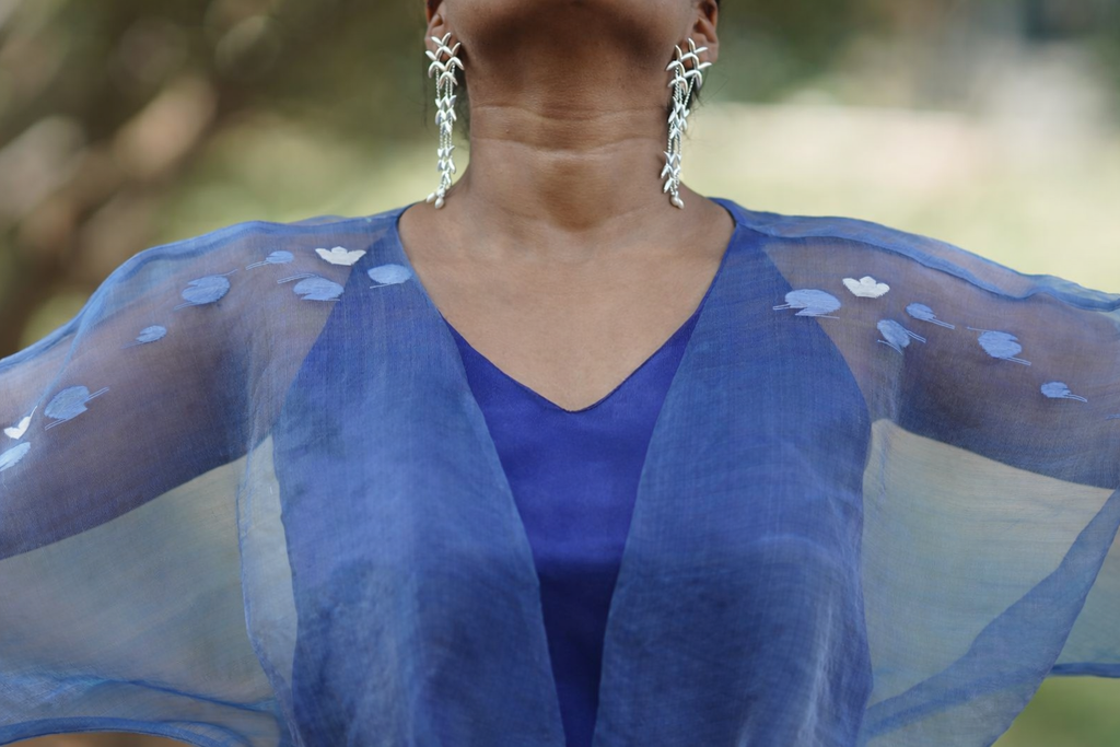 NOCTURNE Ink Blue Handwoven Pure Silk Jamdani Overlay Wrap for Women